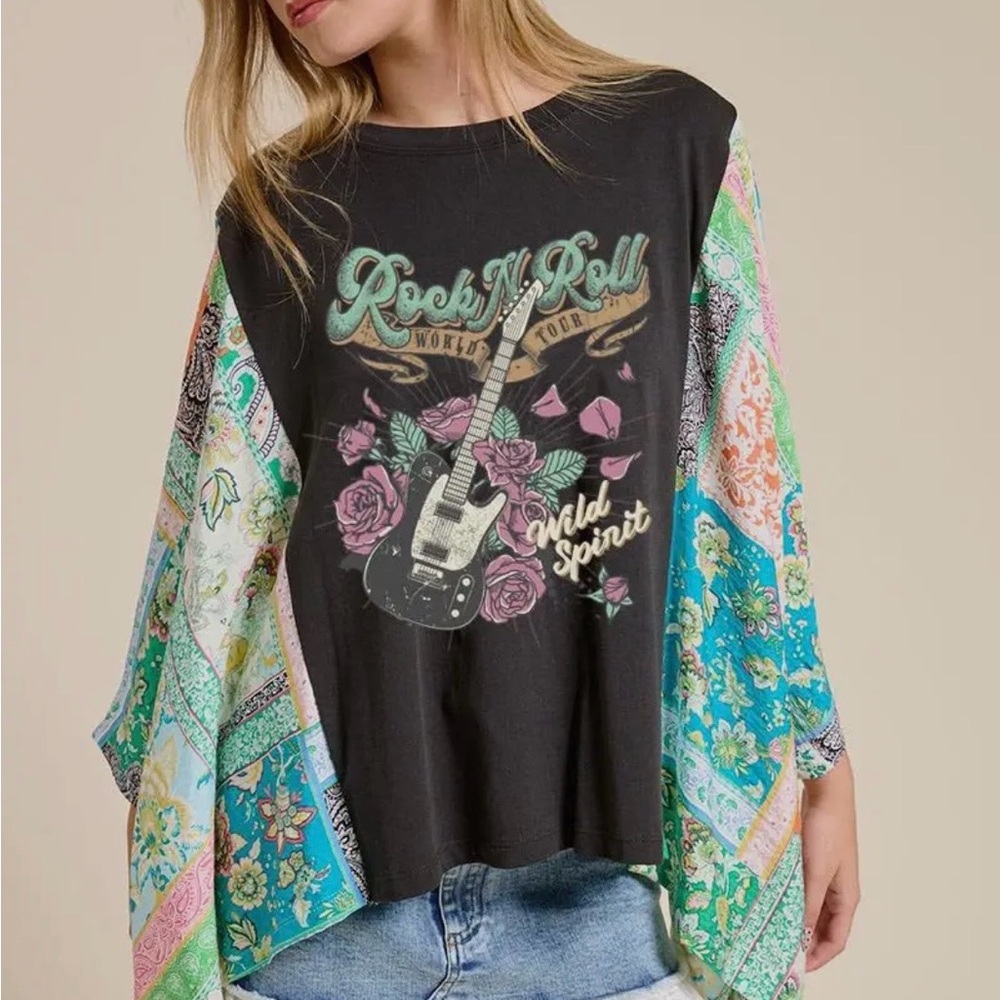 Rock 'n' Roll Graphic Top with Colorful Sleeves
